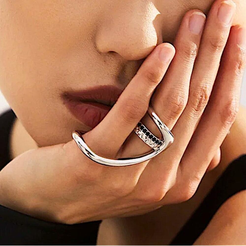 Sterling Silver Two-finger Ring Hollow Geometric For Women Vintage Creative